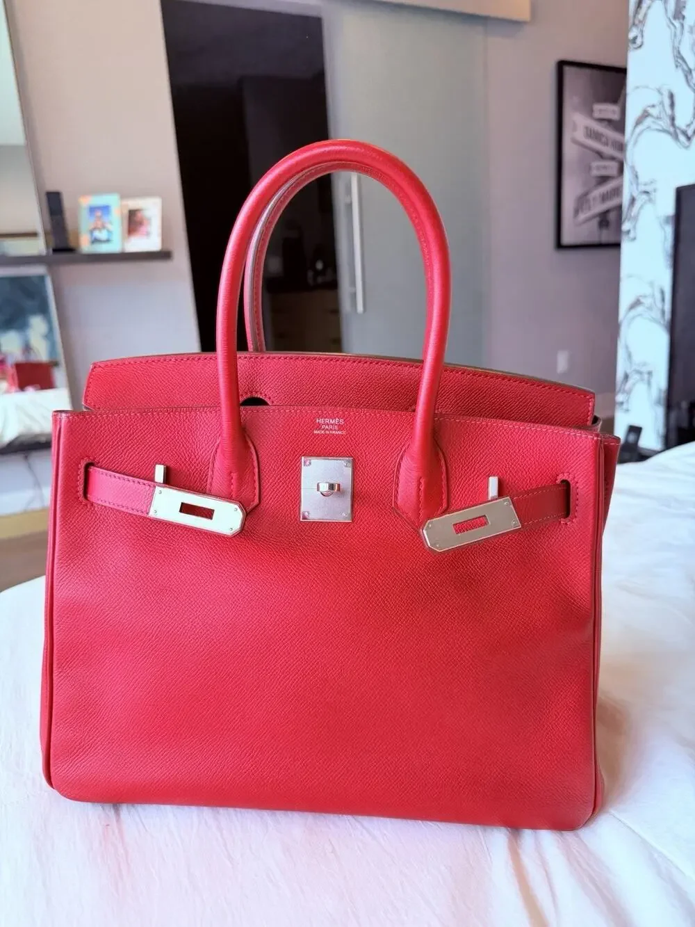 Hermes Birkin 30 Vibrant Red Epsom Palladium PHW Stamp X 2016